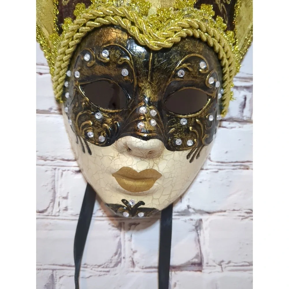 Mardi Gras Large Jester Joker‎ Crackle Venetian Masquerade Mask Brown &  Gold